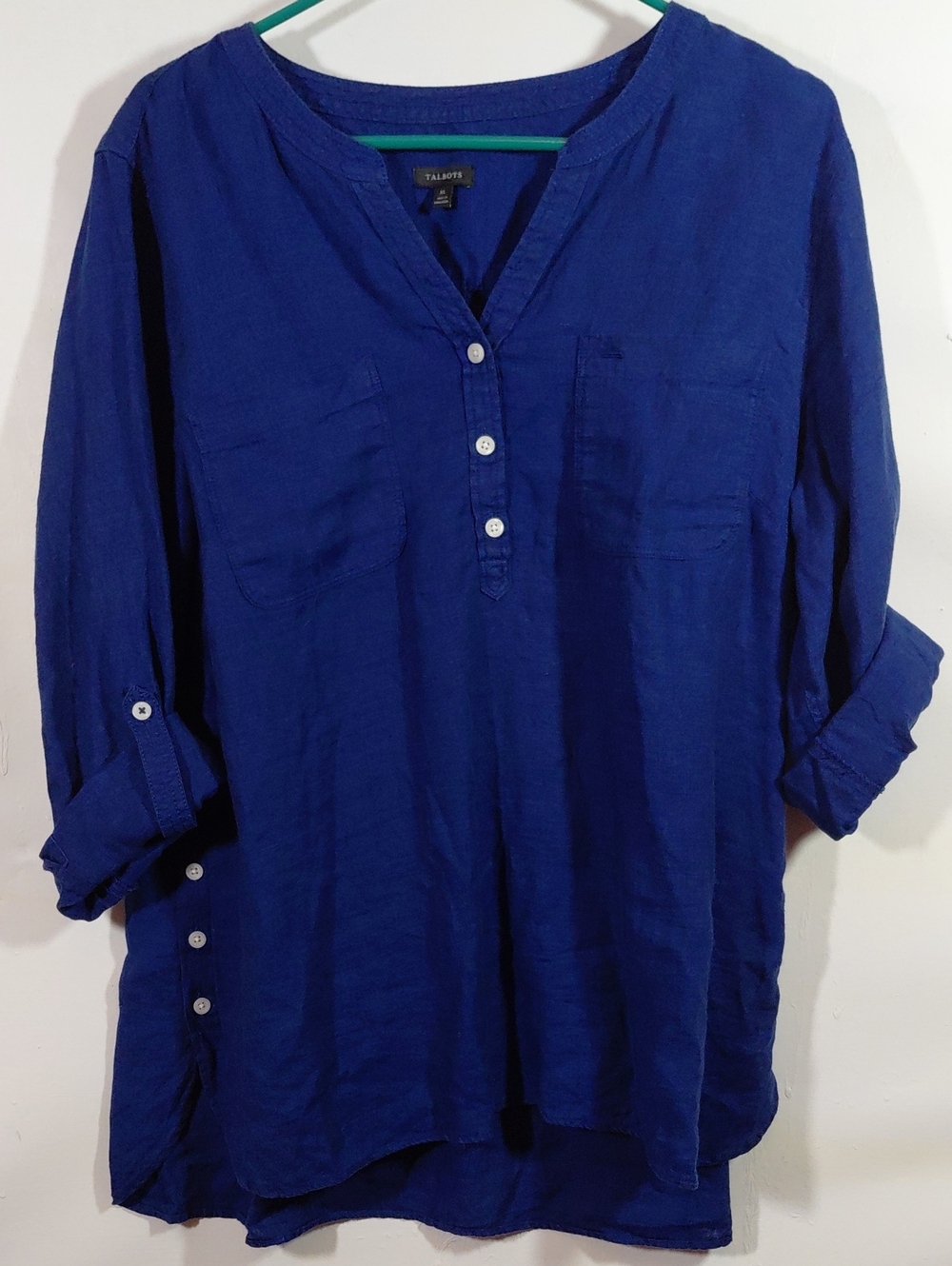 Talbots Women's 100% Linen 3 Button Pullover Roll Tab Sleeve Shirt Deep Blue XL